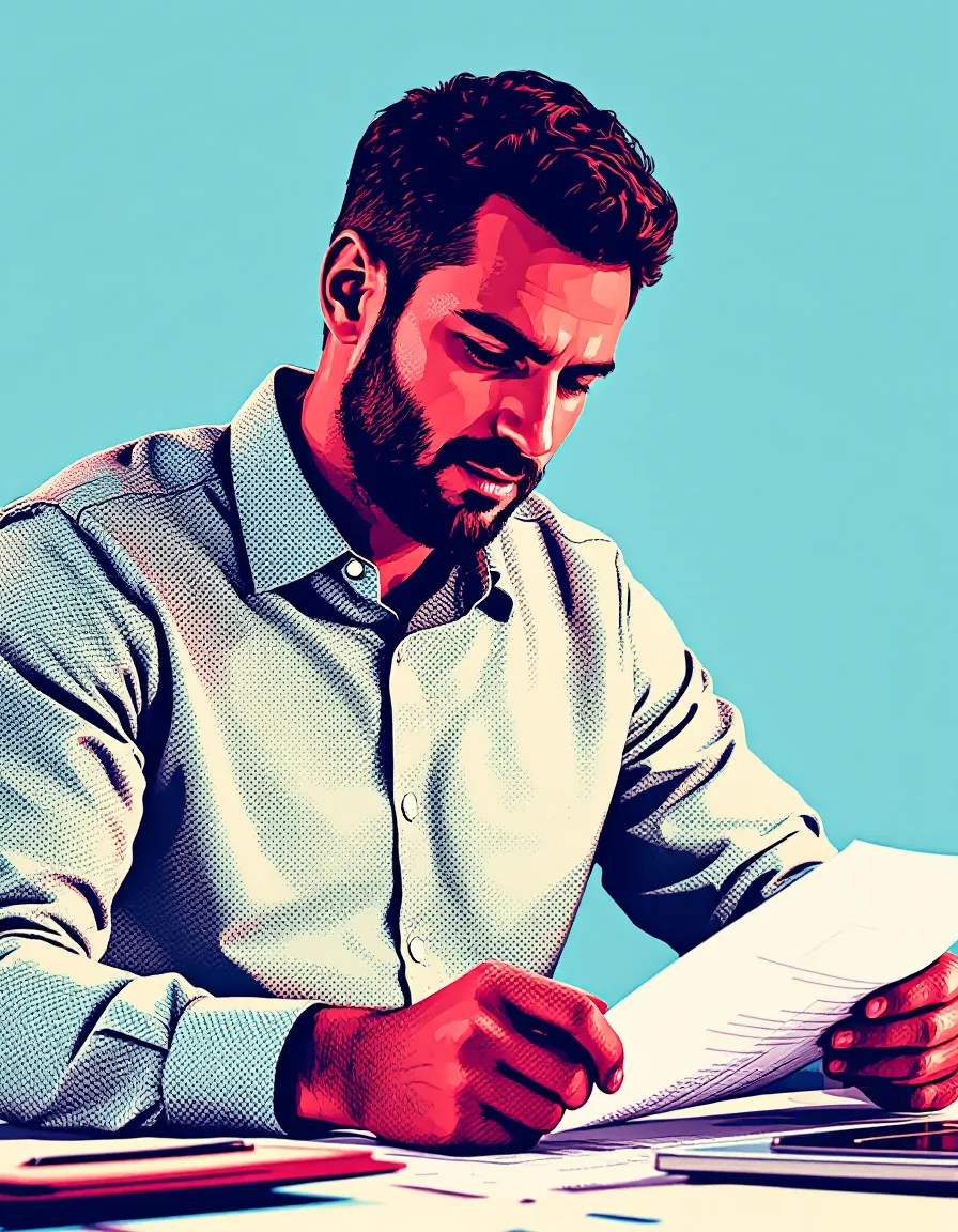 Screenprint portrait of a founder reviewing a financial model